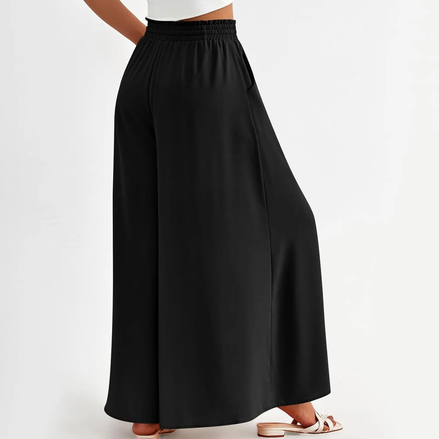 Wide Leg Women Pants Lightweiht Waist Adjustable Drawstring Summer Boho Flowy Palazzo Pants Beach Pants with Pockets