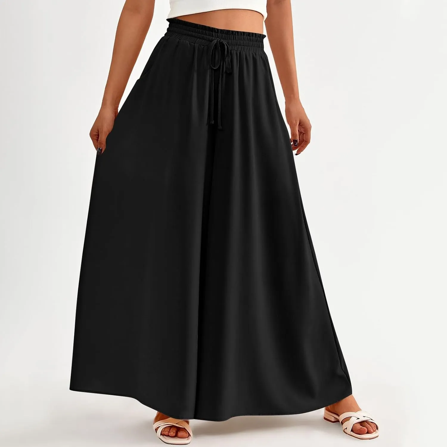Wide Leg Women Pants Lightweiht Waist Adjustable Drawstring Summer Boho Flowy Palazzo Pants Beach Pants with Pockets