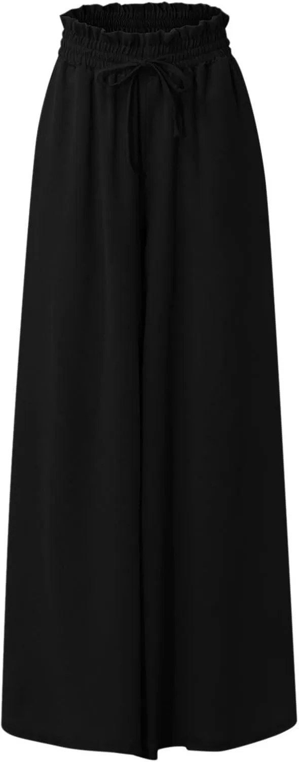Wide Leg Women Pants Lightweiht Waist Adjustable Drawstring Summer Boho Flowy Palazzo Pants Beach Pants with Pockets