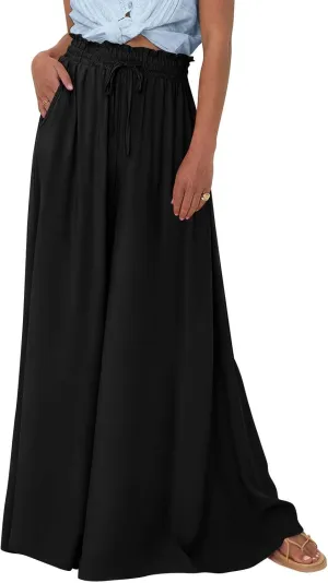 Wide Leg Women Pants Lightweiht Waist Adjustable Drawstring Summer Boho Flowy Palazzo Pants Beach Pants with Pockets