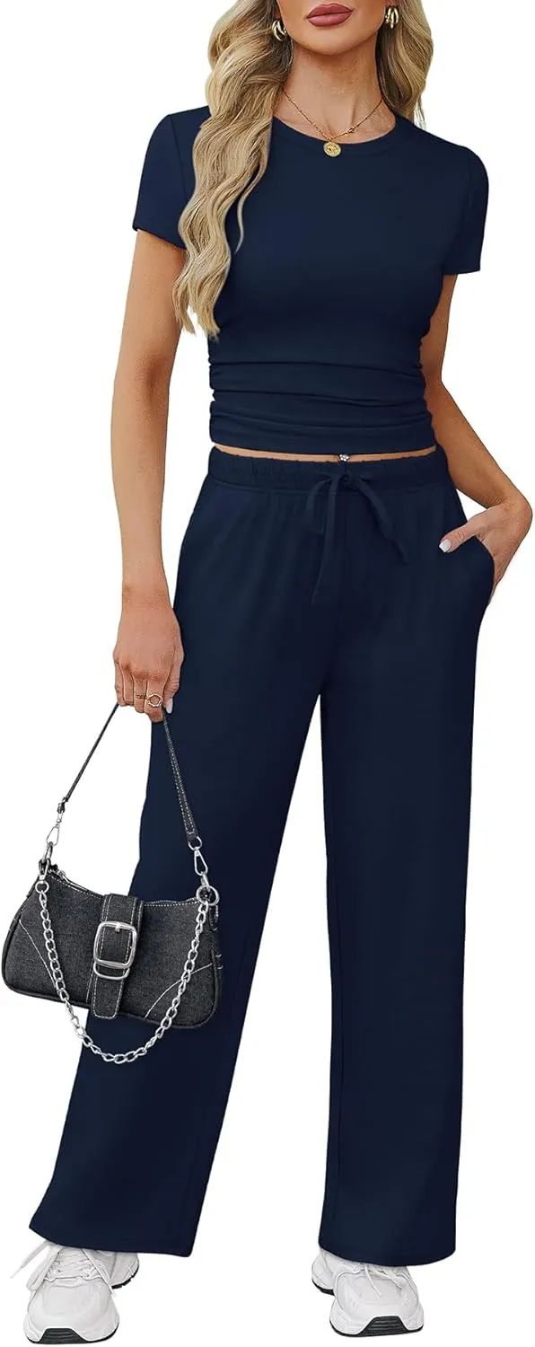 WIHOLL 2 Piece Sets for Women Summer Travel Vacation Outfits Workout Ruched Tops Wide Leg Pants Lounge Sets