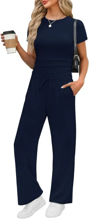 WIHOLL 2 Piece Sets for Women Summer Travel Vacation Outfits Workout Ruched Tops Wide Leg Pants Lounge Sets