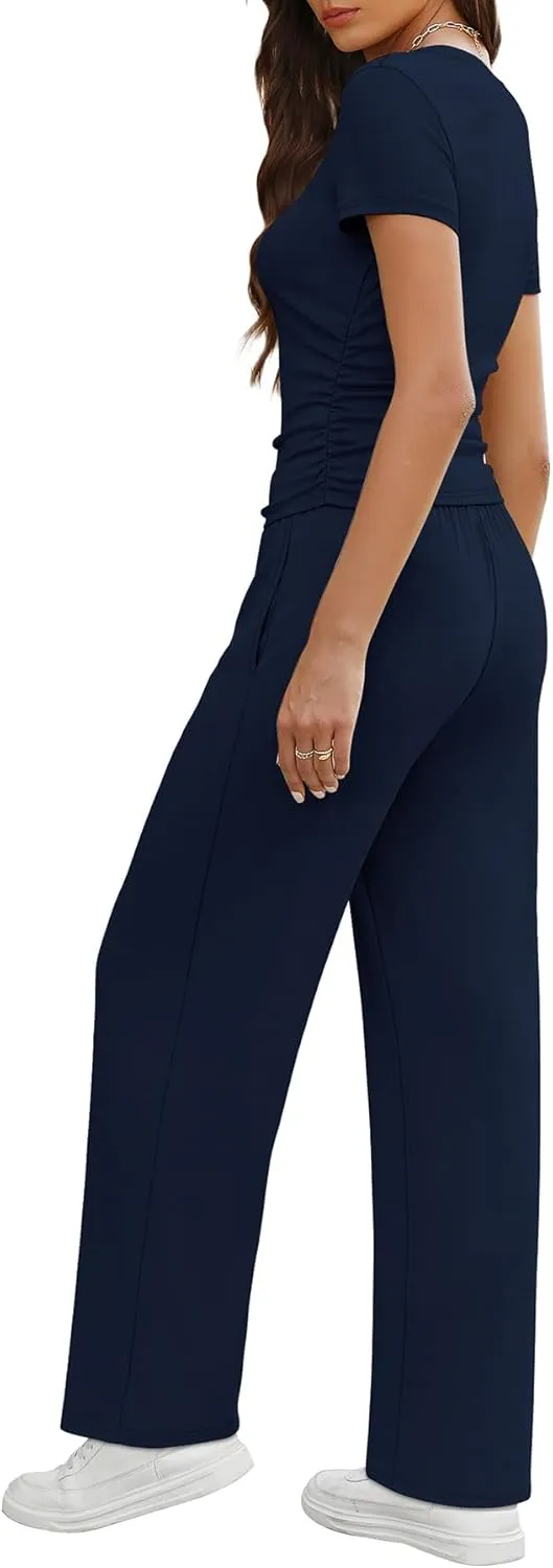 WIHOLL 2 Piece Sets for Women Summer Travel Vacation Outfits Workout Ruched Tops Wide Leg Pants Lounge Sets