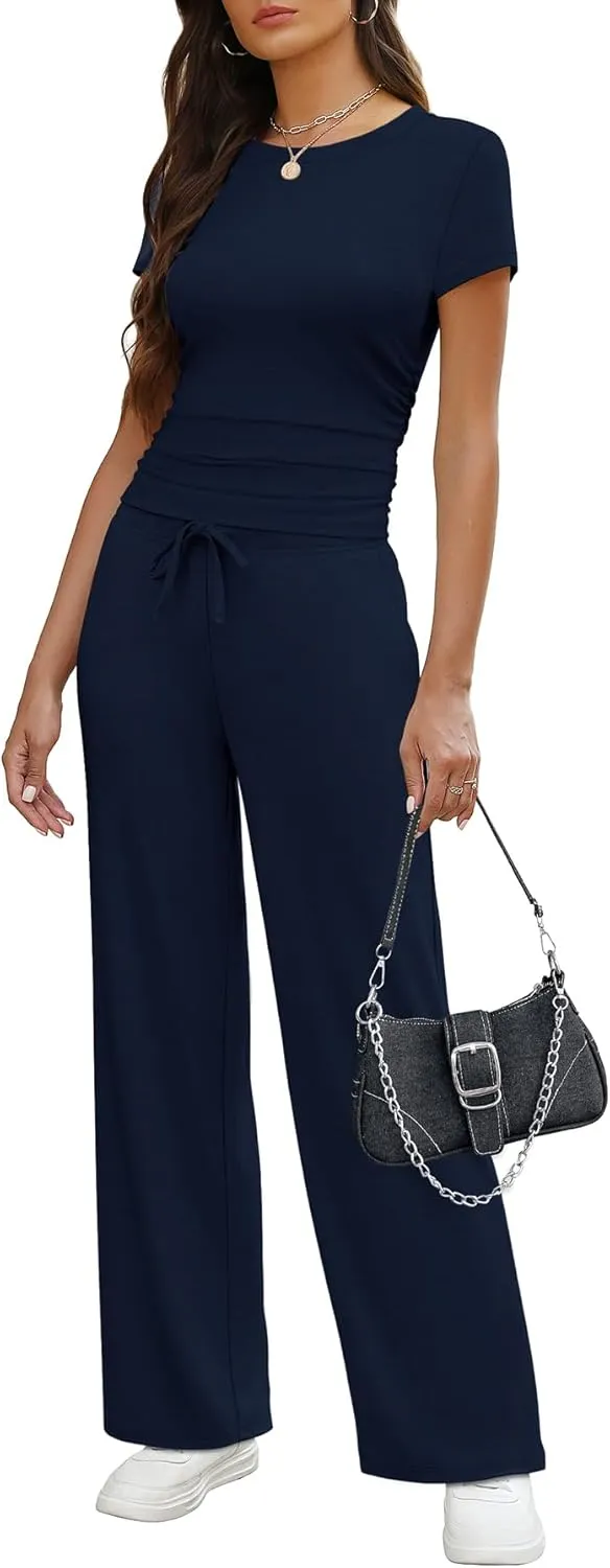 WIHOLL 2 Piece Sets for Women Summer Travel Vacation Outfits Workout Ruched Tops Wide Leg Pants Lounge Sets