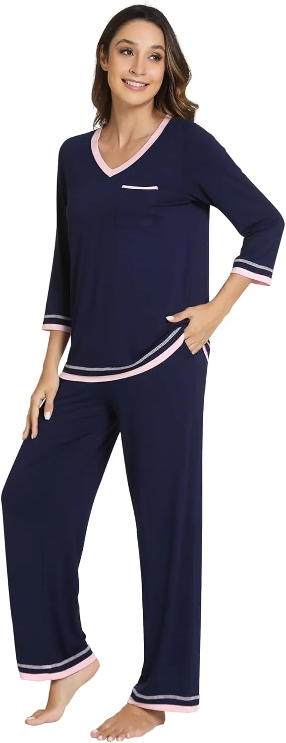 WiWi Womens Pajamas Set Loungewear Bamboo from Viscose 3/4 Sleeve Tops and Soft Pants Set with Pocket S-XXL
