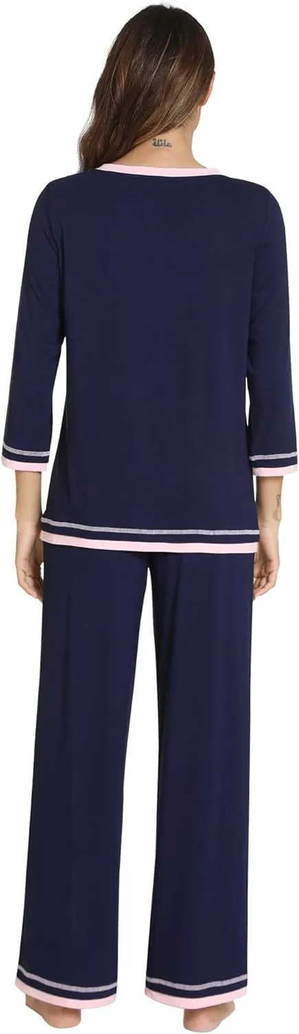 WiWi Womens Pajamas Set Loungewear Bamboo from Viscose 3/4 Sleeve Tops and Soft Pants Set with Pocket S-XXL