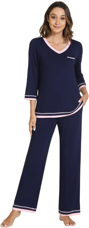 WiWi Womens Pajamas Set Loungewear Bamboo from Viscose 3/4 Sleeve Tops and Soft Pants Set with Pocket S-XXL