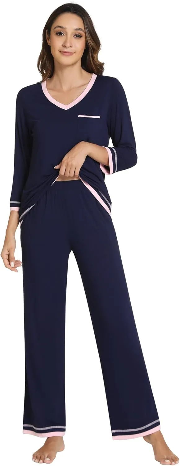 WiWi Womens Pajamas Set Loungewear Bamboo from Viscose 3/4 Sleeve Tops and Soft Pants Set with Pocket S-XXL