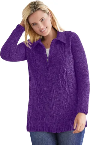 Woman Within Plus Size Chenille Zip Cable Cardigan
