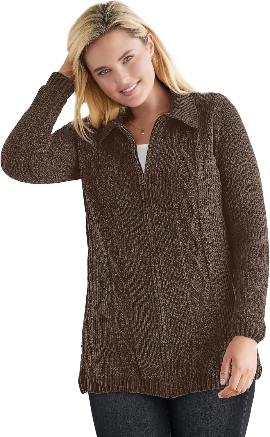 Woman Within Plus Size Chenille Zip Cable Cardigan