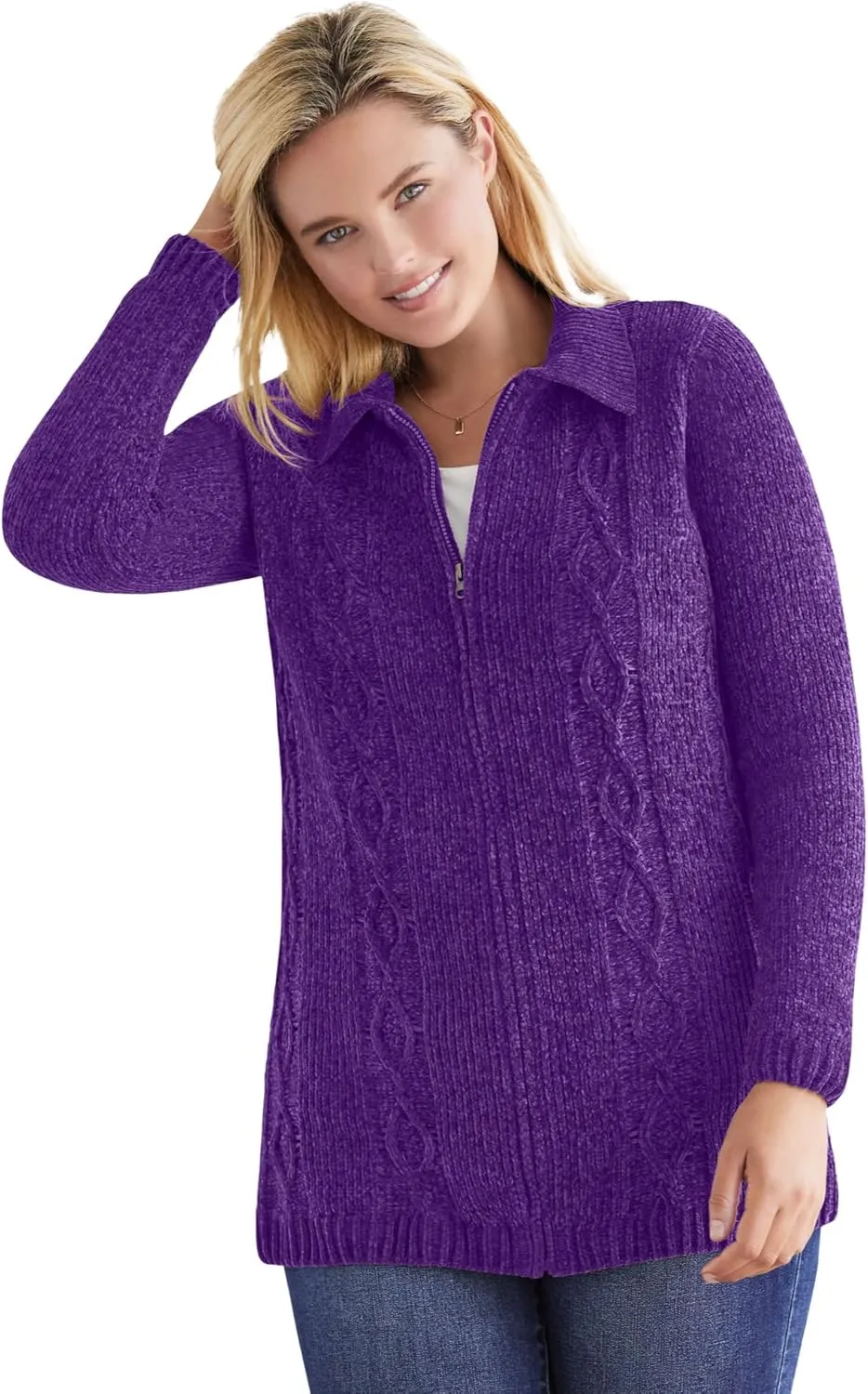 Woman Within Plus Size Chenille Zip Cable Cardigan