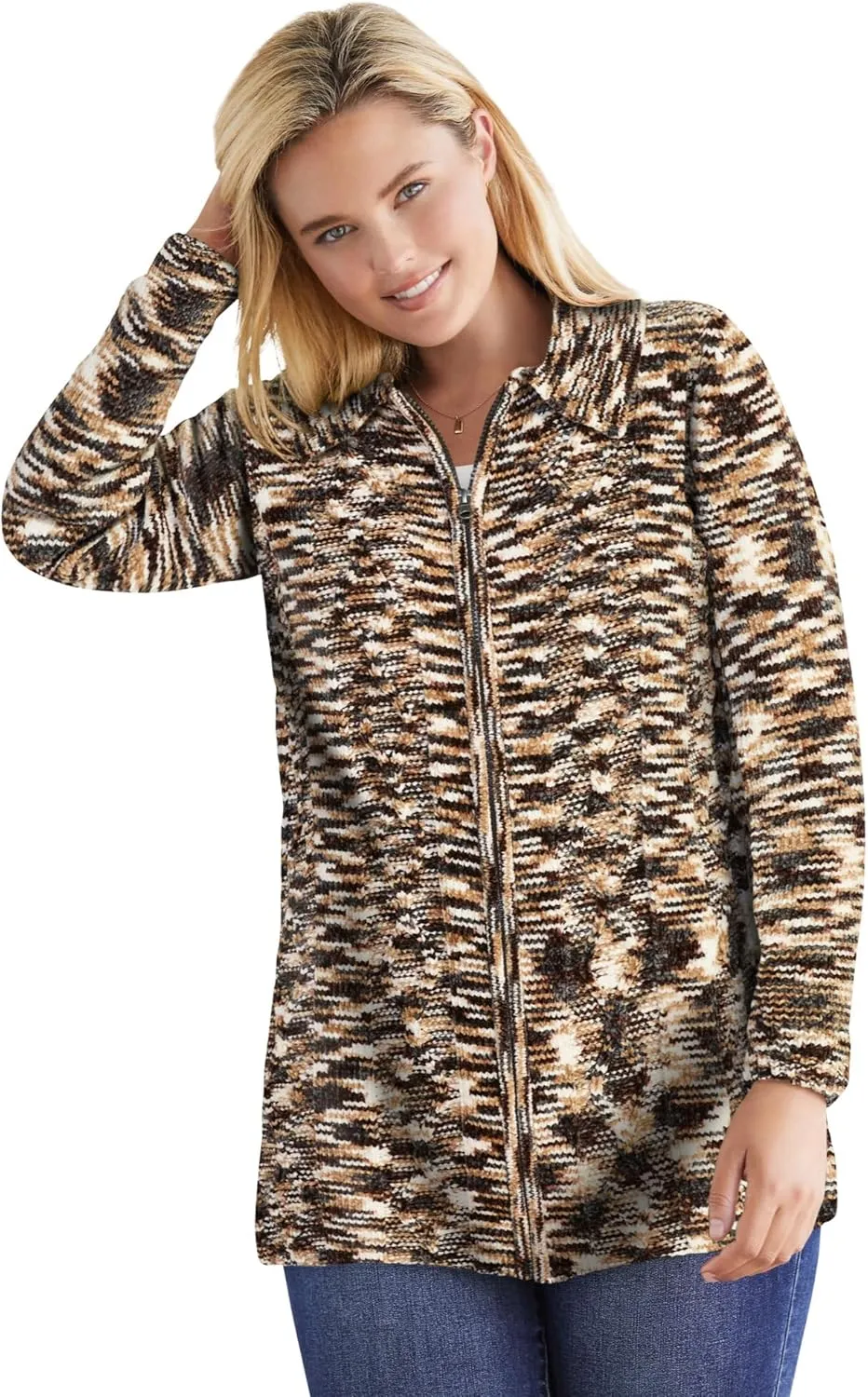 Woman Within Plus Size Chenille Zip Cable Cardigan