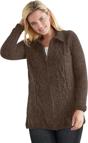 Woman Within Plus Size Chenille Zip Cable Cardigan