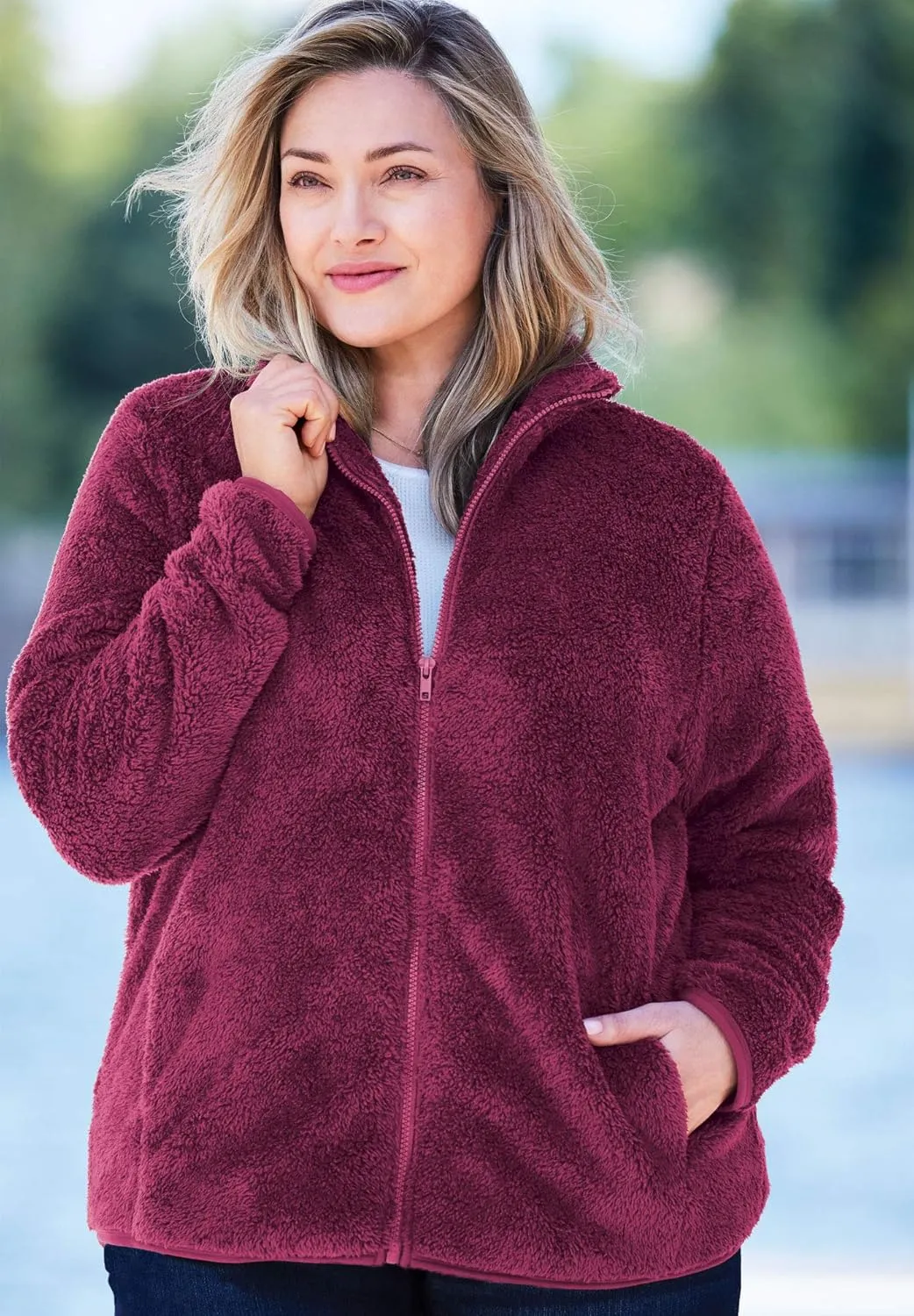 Woman Within Plus Size Fluffy Fleece Jacket Oversized Zip-Up Jacket