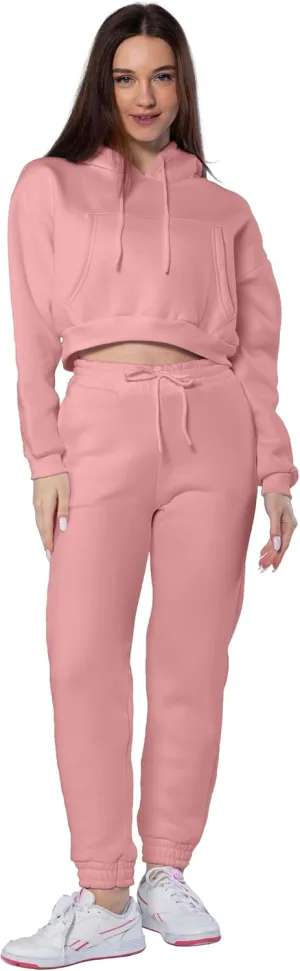 Women 2 Piece Outfits Lounge Set Cotton Fleece Sweatsuit Crop Hoodie & Jogger Pants Drawstring Long Sleeve Pocket Casual