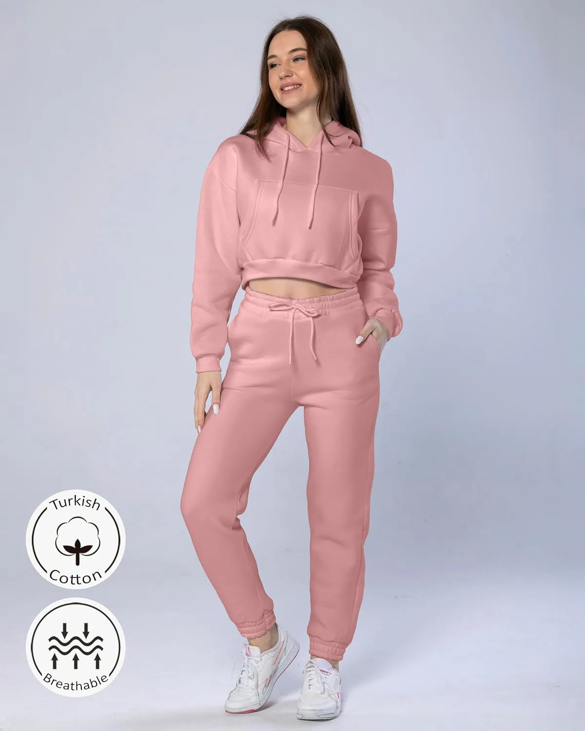 Women 2 Piece Outfits Lounge Set Cotton Fleece Sweatsuit Crop Hoodie & Jogger Pants Drawstring Long Sleeve Pocket Casual