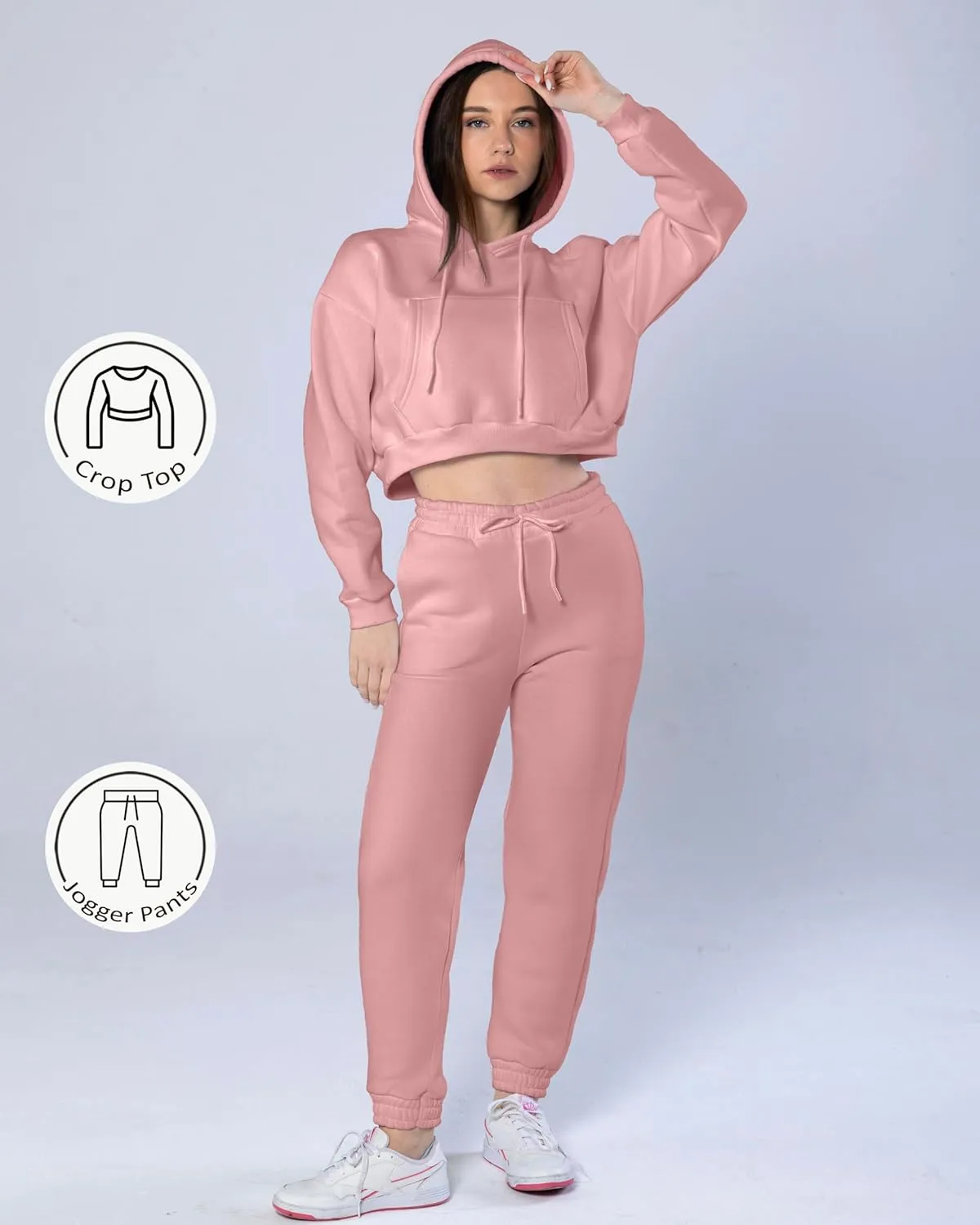 Women 2 Piece Outfits Lounge Set Cotton Fleece Sweatsuit Crop Hoodie & Jogger Pants Drawstring Long Sleeve Pocket Casual