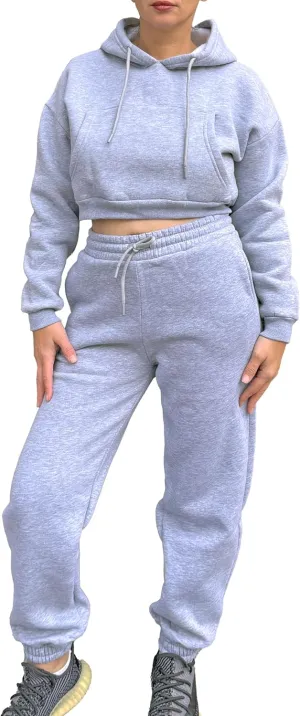Women 2 Piece Outfits Lounge Set Cotton Fleece Sweatsuit Crop Hoodie & Jogger Pants Drawstring Long Sleeve Pocket Casual
