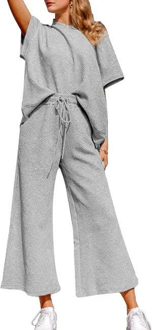 Women 2 Piece Outfits Sweatsuits Summer Lounge Set Casual Short Sleeve Pullover Tops And Drawstring Wide Leg Pants