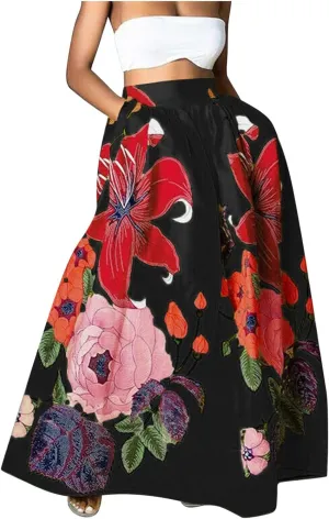 Women Bohemian Floral Print Maxi Skirt High Waist Pocket Party Beach Long Skirt Dresses for Women Midi Length