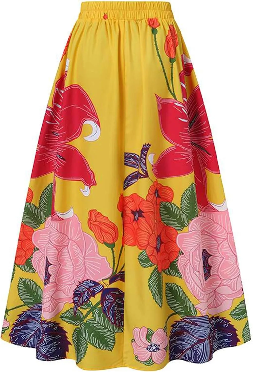 Women Bohemian Floral Print Maxi Skirt High Waist Pocket Party Beach Long Skirt Dresses for Women Midi Length