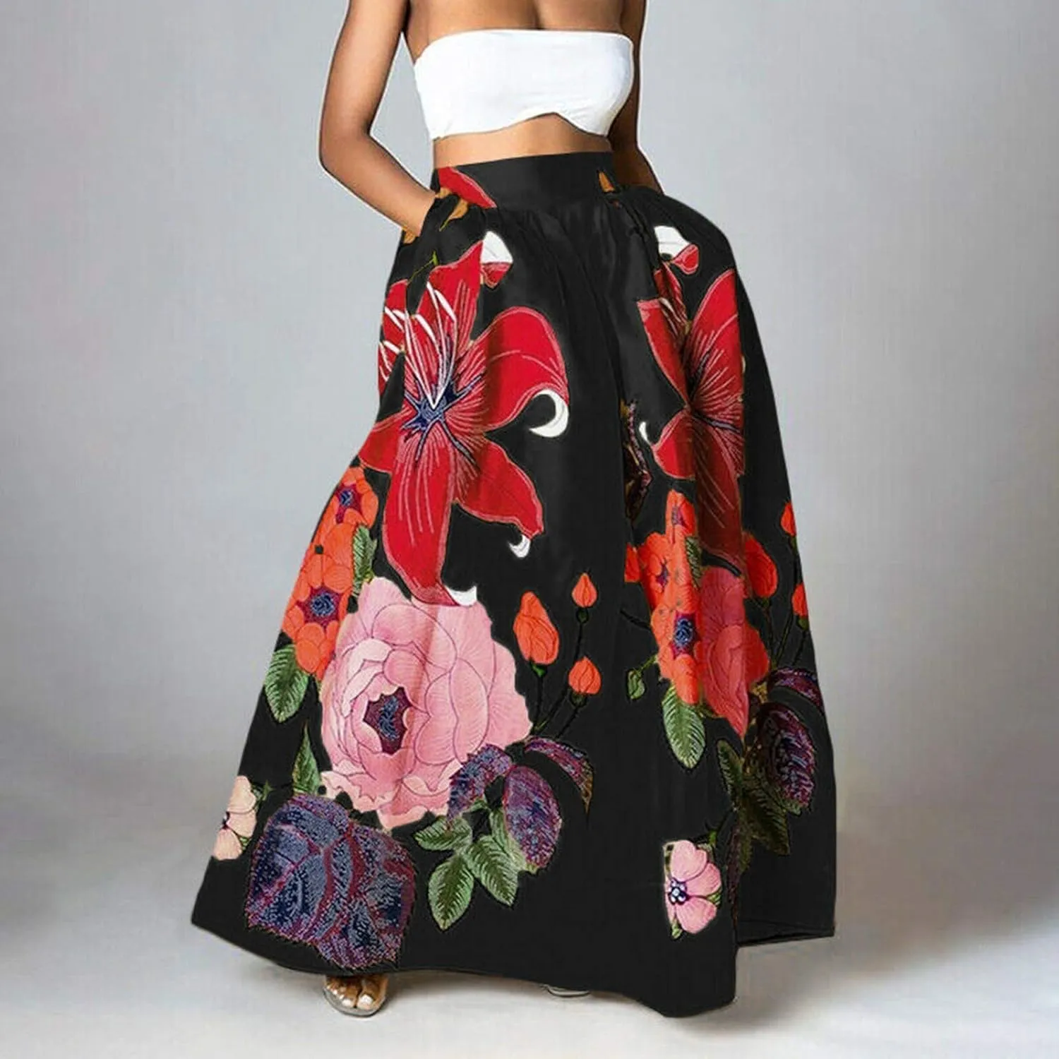 Women Bohemian Floral Print Maxi Skirt High Waist Pocket Party Beach Long Skirt Dresses for Women Midi Length