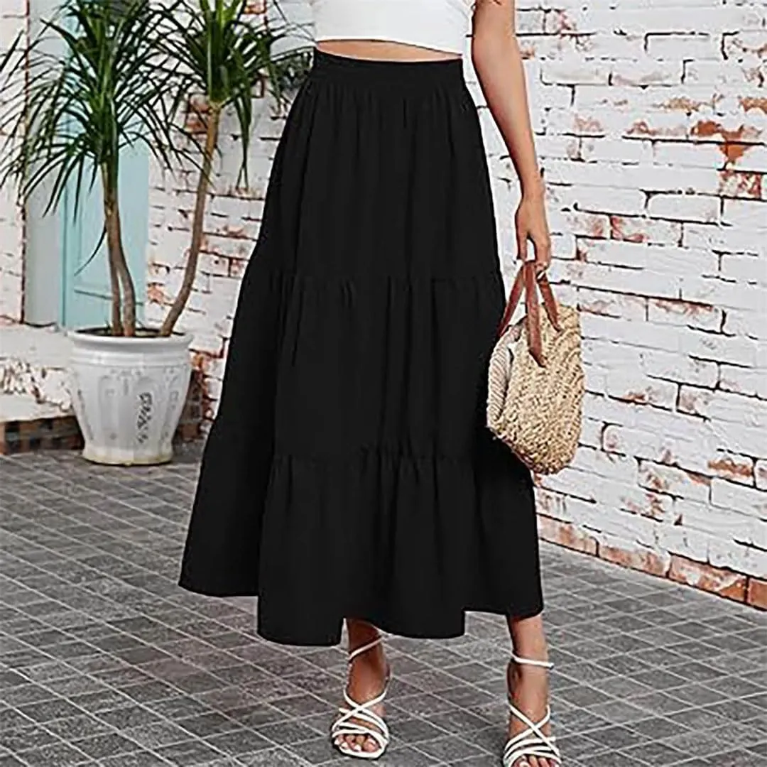 Women Boho Pleated Skirt Flowy Ruffles Swing Tiered Long Beach Skirt A Line Skirt