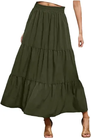 Women Boho Pleated Skirt Flowy Ruffles Swing Tiered Long Beach Skirt A Line Skirt