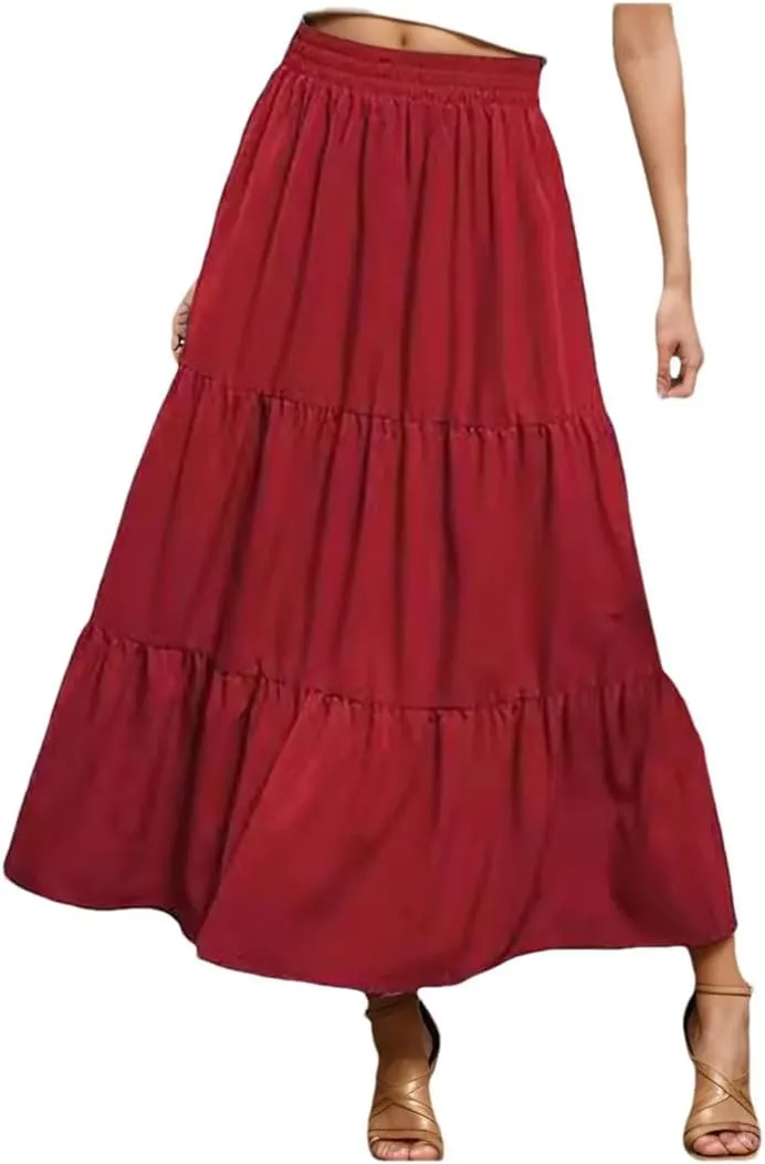 Women Boho Pleated Skirt Flowy Ruffles Swing Tiered Long Beach Skirt A Line Skirt