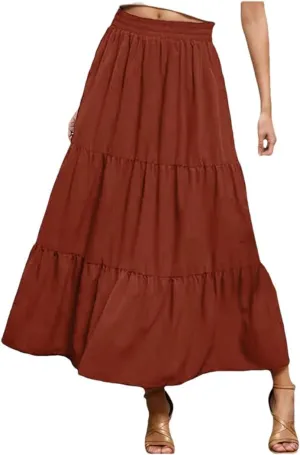 Women Boho Pleated Skirt Flowy Ruffles Swing Tiered Long Beach Skirt A Line Skirt