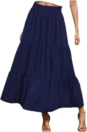 Women Boho Pleated Skirt Flowy Ruffles Swing Tiered Long Beach Skirt A Line Skirt