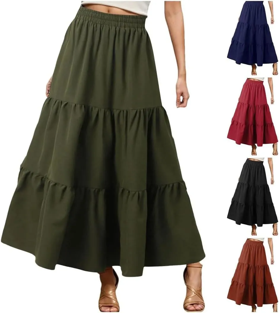 Women Boho Pleated Skirt Flowy Ruffles Swing Tiered Long Beach Skirt A Line Skirt