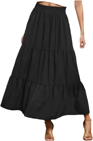 Women Boho Pleated Skirt Flowy Ruffles Swing Tiered Long Beach Skirt A Line Skirt