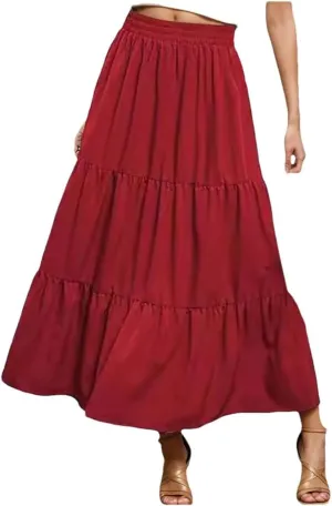 Women Boho Pleated Skirt Flowy Ruffles Swing Tiered Long Beach Skirt A Line Skirt
