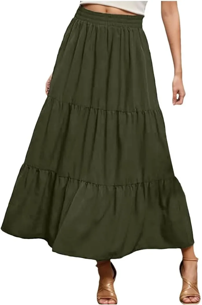 Women Boho Pleated Skirt Flowy Ruffles Swing Tiered Long Beach Skirt A Line Skirt