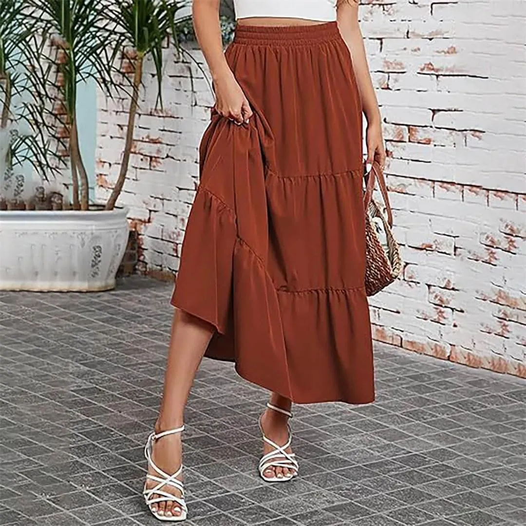 Women Boho Pleated Skirt Flowy Ruffles Swing Tiered Long Beach Skirt A Line Skirt