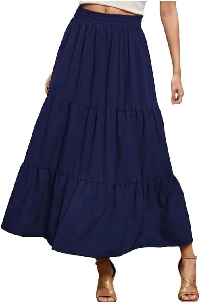 Women Boho Pleated Skirt Flowy Ruffles Swing Tiered Long Beach Skirt A Line Skirt