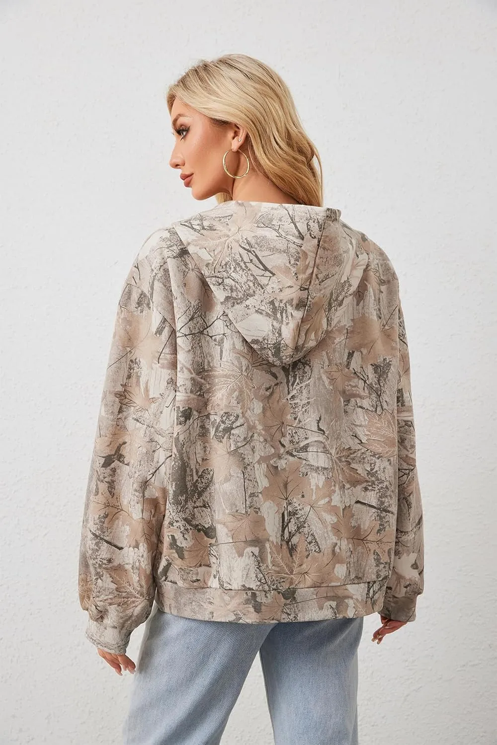 Women Camo Zip Up Oversized Fleece Hoodie Long Sleeve Maple Leaf Print Hooded Jacket Baggy Hoodie with Pockets