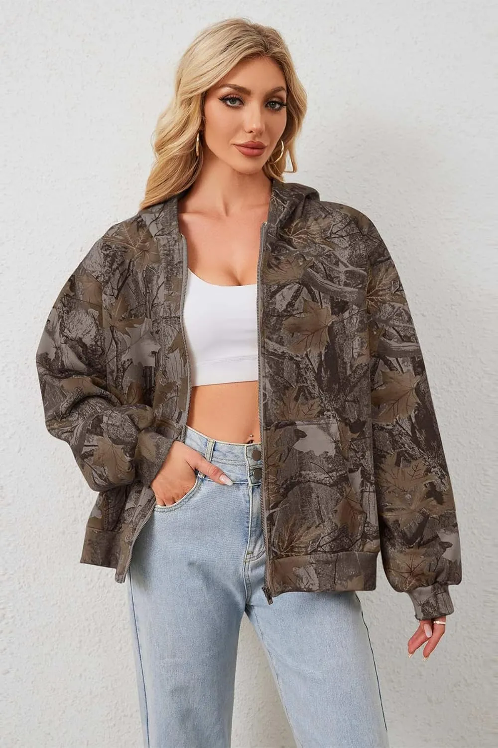 Women Camo Zip Up Oversized Fleece Hoodie Long Sleeve Maple Leaf Print Hooded Jacket Baggy Hoodie with Pockets