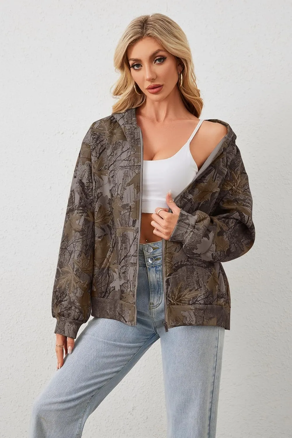 Women Camo Zip Up Oversized Fleece Hoodie Long Sleeve Maple Leaf Print Hooded Jacket Baggy Hoodie with Pockets