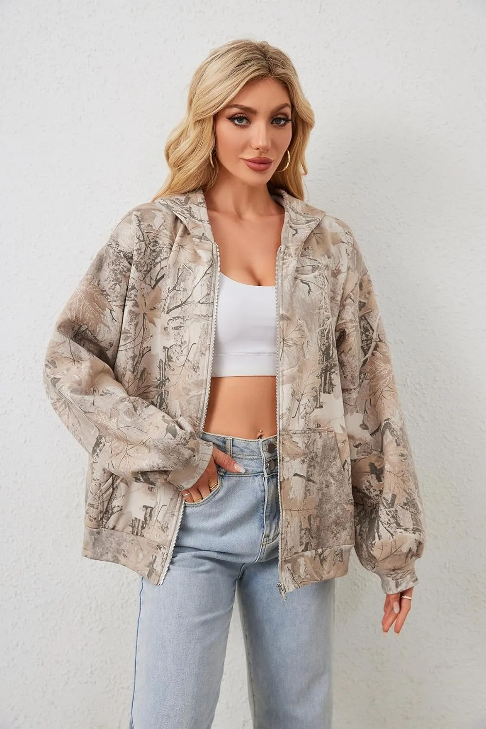 Women Camo Zip Up Oversized Fleece Hoodie Long Sleeve Maple Leaf Print Hooded Jacket Baggy Hoodie with Pockets