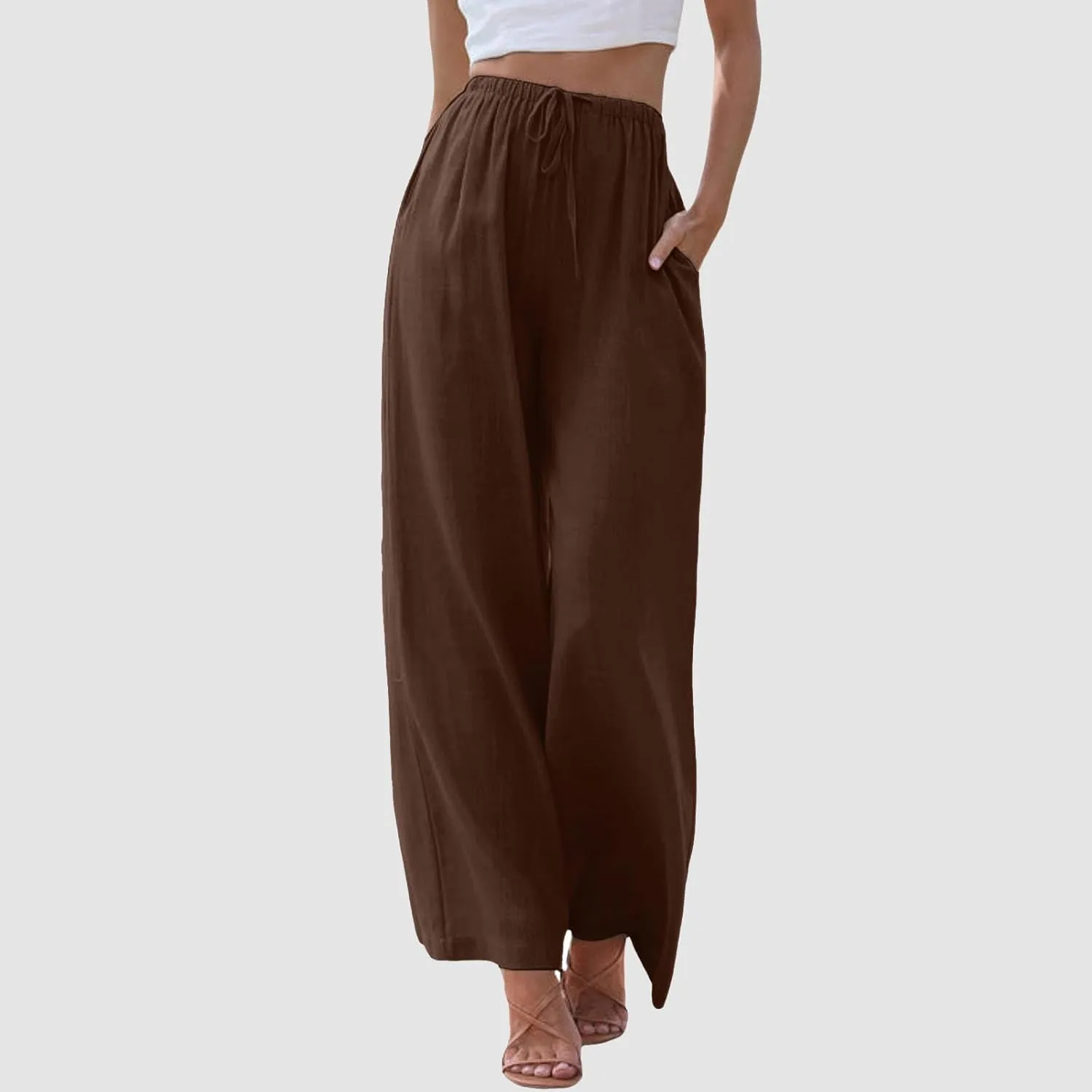 Women Cotton Linen Palazzo Pants 2025 Summer Casual Flowy Wide Leg Boho Beach Vacation Gauze Trousers with Pockets