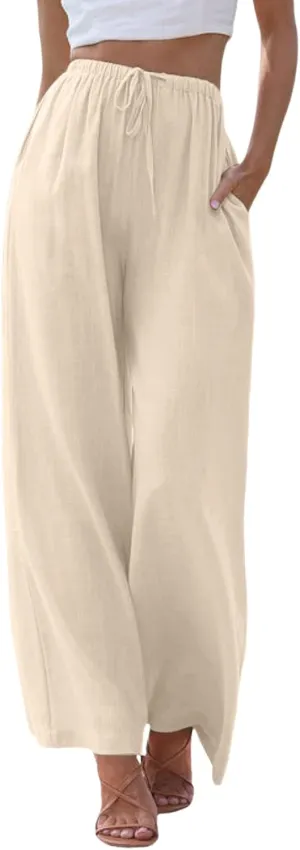 Women Cotton Linen Palazzo Pants 2025 Summer Casual Flowy Wide Leg Boho Beach Vacation Gauze Trousers with Pockets