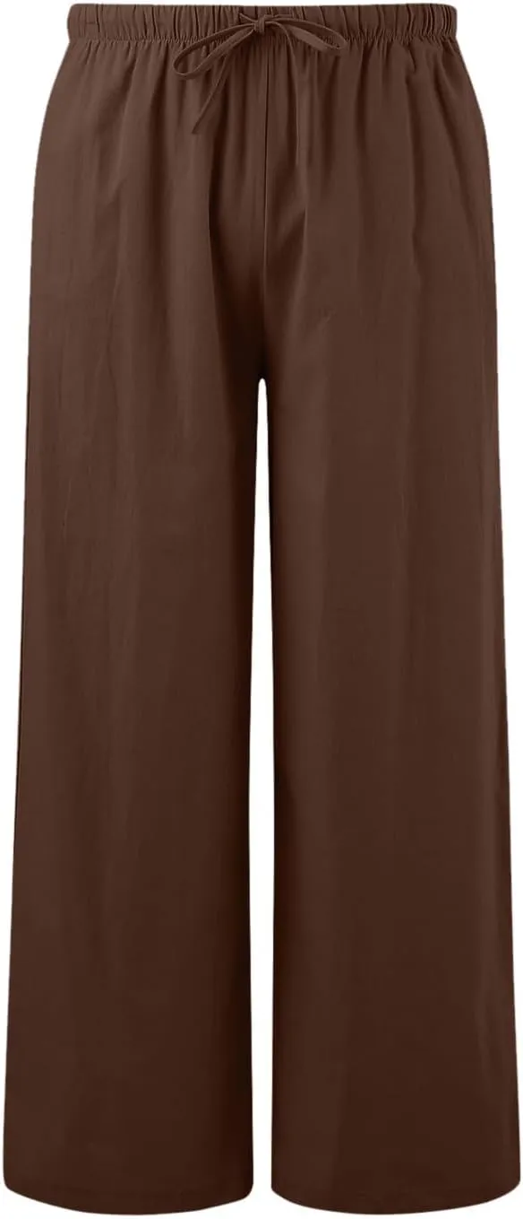 Women Cotton Linen Palazzo Pants 2025 Summer Casual Flowy Wide Leg Boho Beach Vacation Gauze Trousers with Pockets