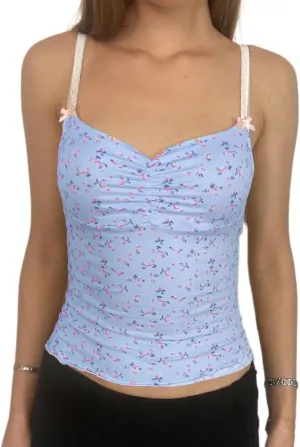 Women Floral Print Tank Cami Top Slim Fit Spaghetti Strap Low Cut Sleeveless Camisole Summer Backless Crop Vest