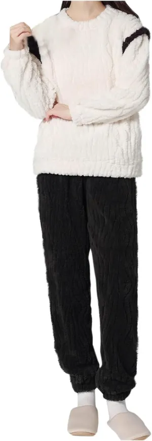 Women Fuzzy Pajamas Set Fleece Crewneck Long Sleeve Loose Plush Sleepwear Fuzzy Loungewear Set