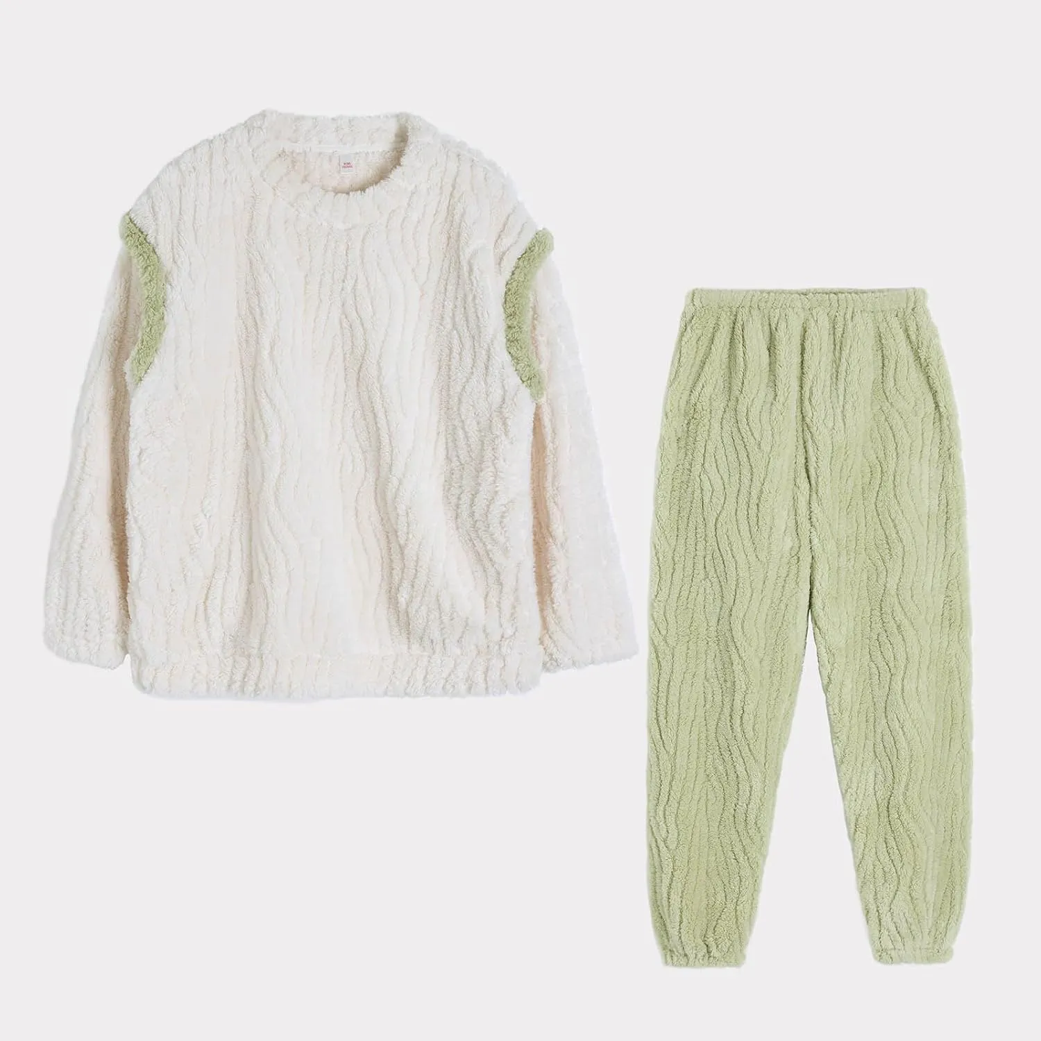Women Fuzzy Pajamas Set Fleece Crewneck Long Sleeve Loose Plush Sleepwear Fuzzy Loungewear Set