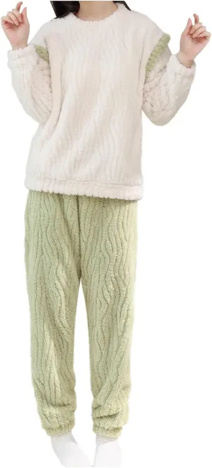 Women Fuzzy Pajamas Set Fleece Crewneck Long Sleeve Loose Plush Sleepwear Fuzzy Loungewear Set