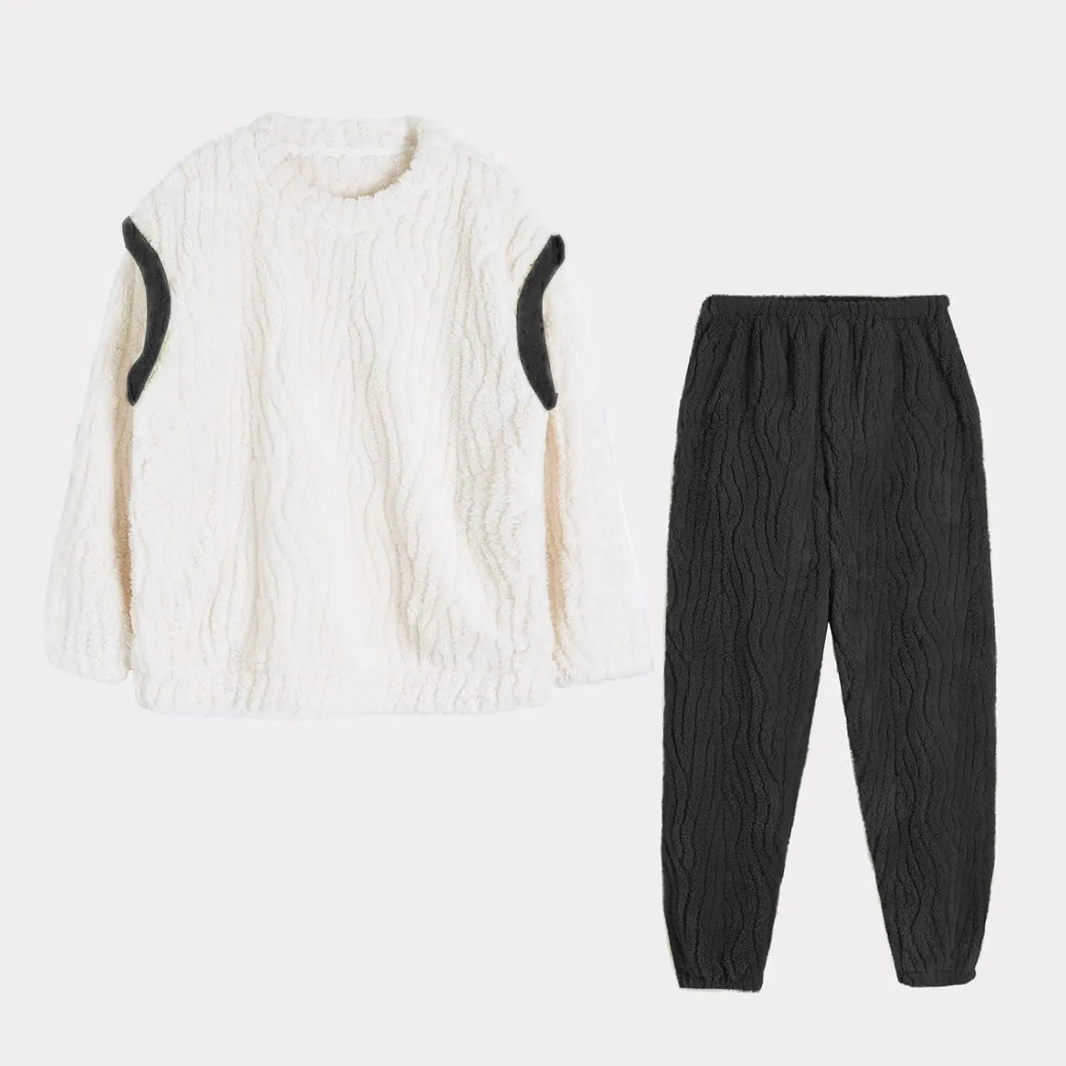 Women Fuzzy Pajamas Set Fleece Crewneck Long Sleeve Loose Plush Sleepwear Fuzzy Loungewear Set