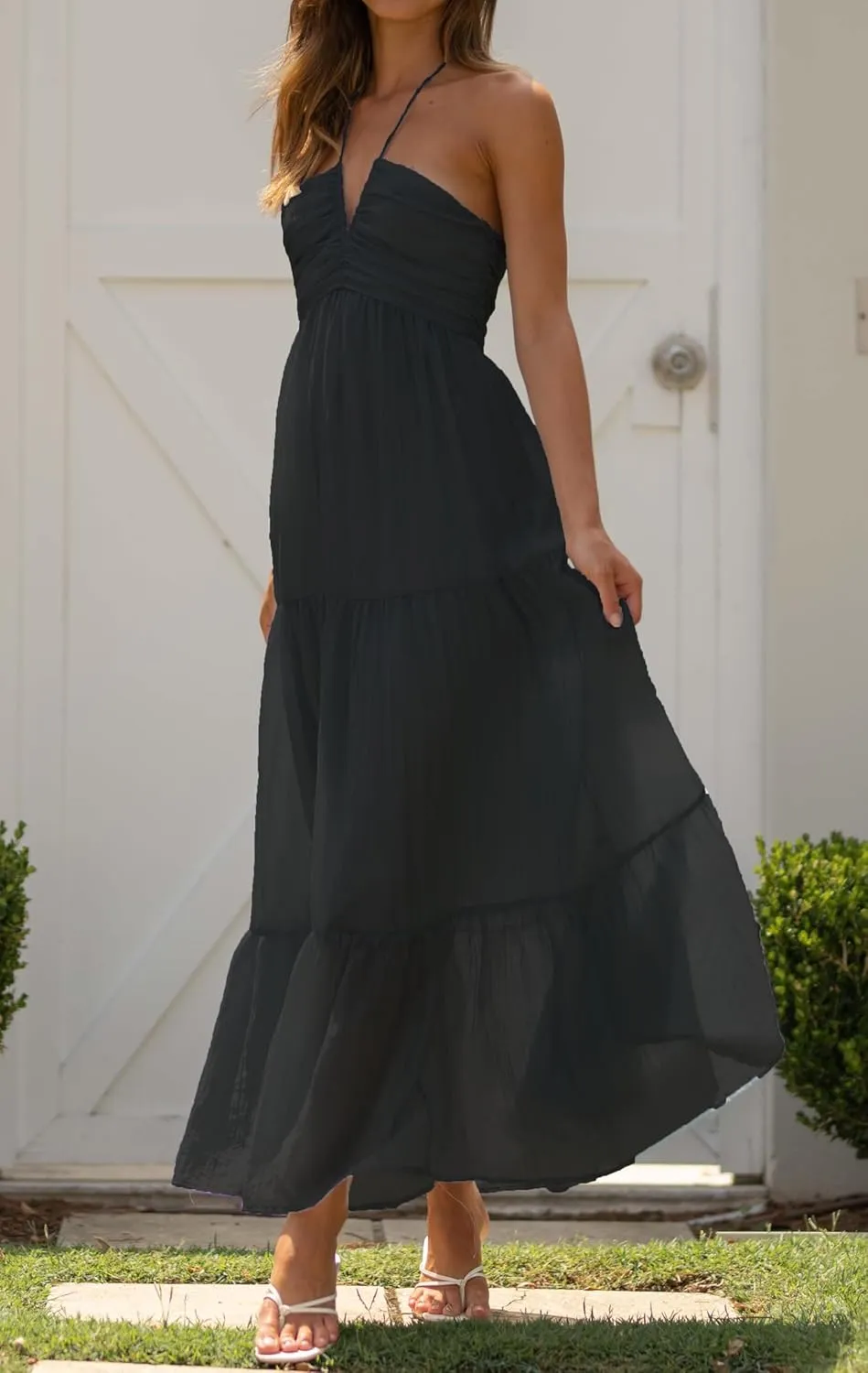 Women Halter Neck Maxi Dress Floral Flowy Backless Long Dress Y2K Low Cut Ruffle Sleeveless Sundress Beachwear